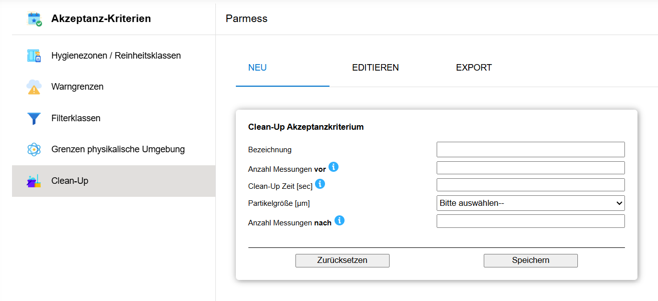 Screenshot of configurable acceptance criteria