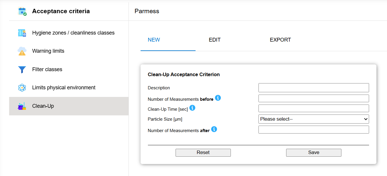 Screenshot of configurable acceptance criteria